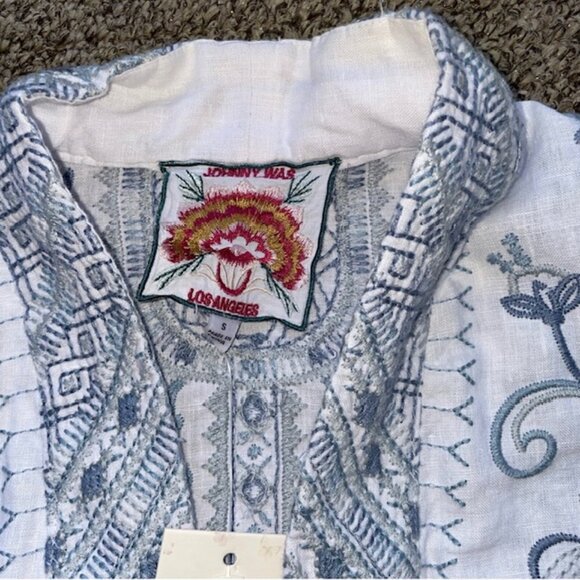 JOHNNY WAS Maike Embroidered Linen Kimono Sz SMALL Blue White Pockets New W/Tags - Picture 4 of 7